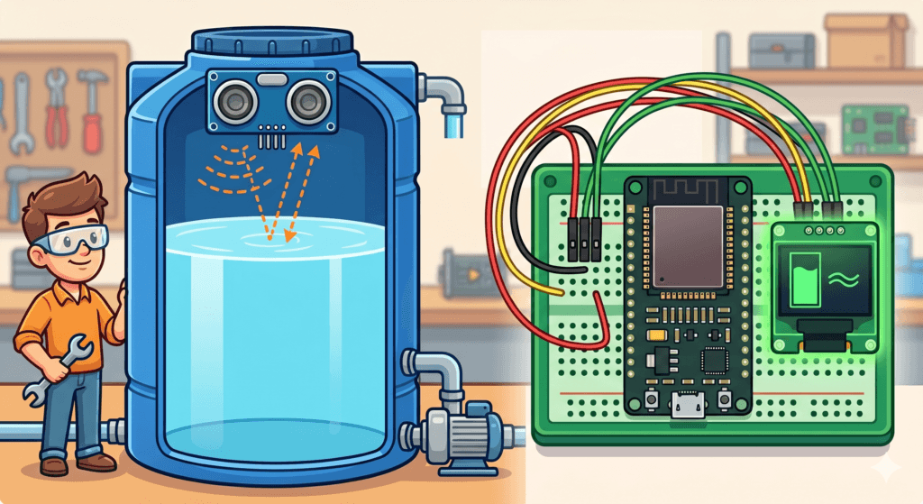 Ultrasonic Sensor (HC-SR04) ทำหน้าที่เป็นไม้บรรทัดดิจิทัลคอยวัดระดับน้ำจากปากถัง