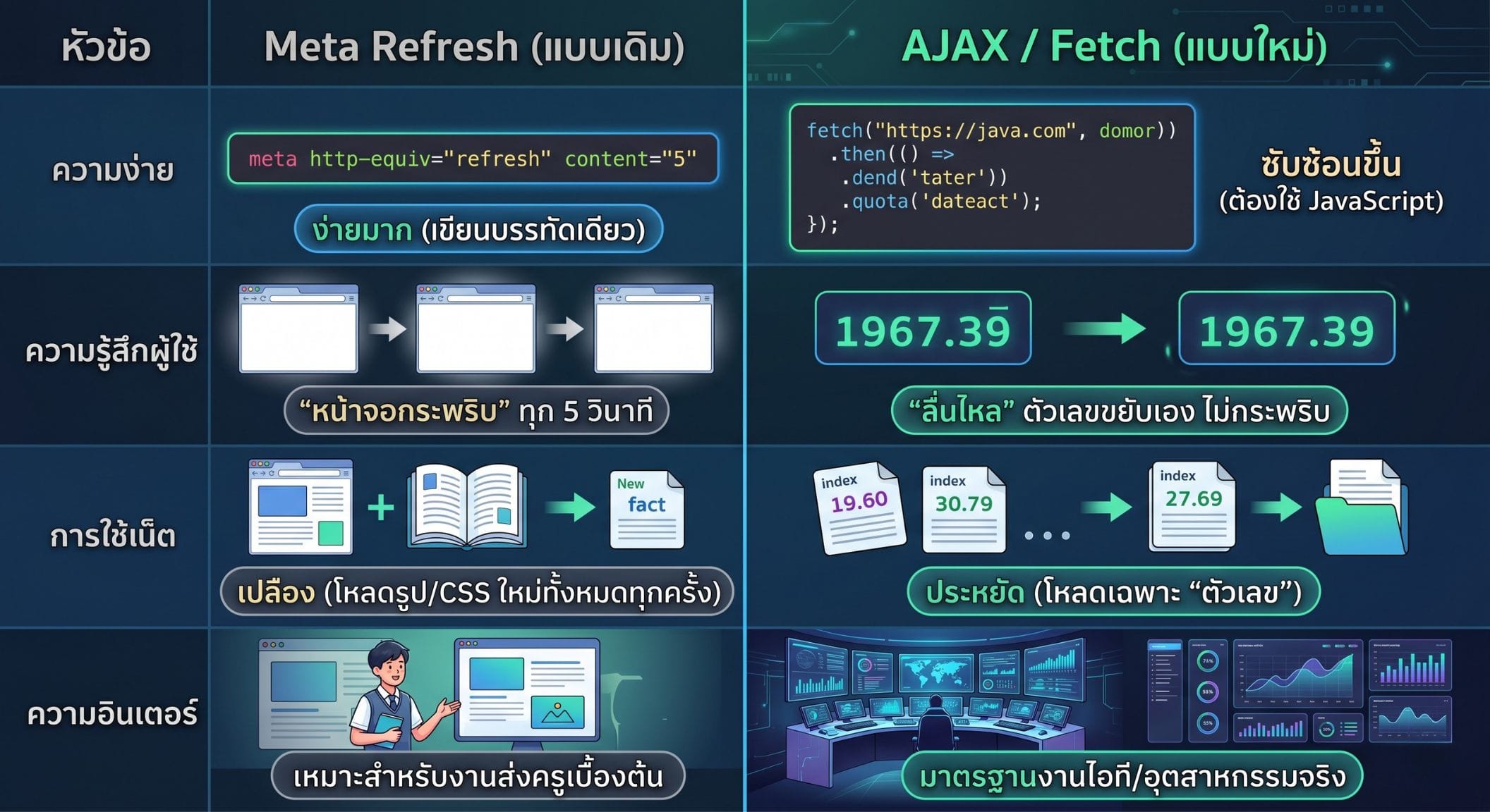 การทำงานของ Meta Refresh และ AJAX/Fetch มีความแตกต่างกันอย่างชัดเจนทั้งในด้านประสิทธิภาพและประสบการณ์ผู้ใช้ โดย Meta Refresh เป็นวิธีแบบดั้งเดิมที่เขียนง่ายเพียงบรรทัดเดียว เหมาะสำหรับงานระดับเบื้องต้น แต่มีข้อเสียคือต้องโหลดหน้าเว็บรวมถึงไฟล์ทรัพยากรต่างๆ ใหม่ทั้งหมดทุกครั้งที่ตั้งเวลาไว้ ส่งผลให้หน้าจอกระพริบและสิ้นเปลืองปริมาณอินเทอร์เน็ต ในทางตรงกันข้าม AJAX หรือ Fetch ซึ่งเป็นมาตรฐานของอุตสาหกรรมไอทีในปัจจุบัน แม้จะมีความซับซ้อนในการเขียนโค้ดมากขึ้นเพราะต้องใช้ JavaScript แต่ก็ช่วยแก้ปัญหาดังกล่าวได้อย่างสมบูรณ์แบบ โดยระบบจะโหลดและเปลี่ยนค่าเฉพาะข้อมูลที่จำเป็นต้องอัปเดตเท่านั้น ทำให้การแสดงผลมีความลื่นไหล ประหยัดอินเทอร์เน็ต และไม่มีอาการหน้าจอกระพริบมากวนใจผู้ใช้งาน